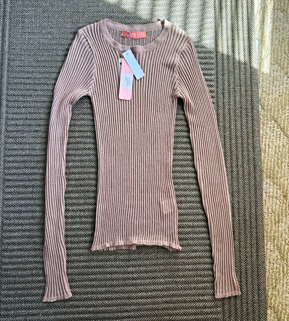 ANWND Rib-Knit Crew Neck Long Sleeve Pullover Sweater Beige Womens M